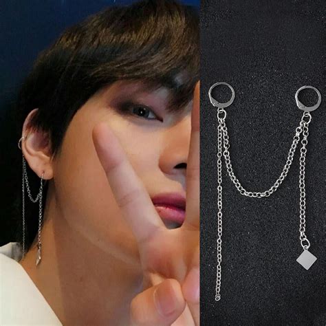 V Kim Tae Hyung Earrings Silver Long Chain Tassel Earrings K pop ...