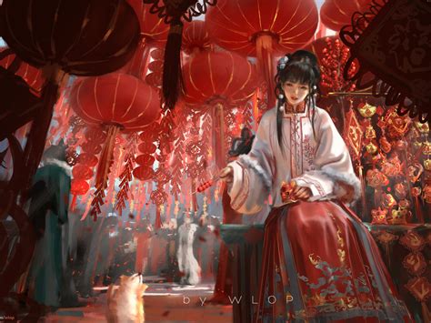 Download wallpaper animals, girl, figure, items, Chinese New Year