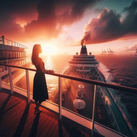 Woman Silhouette on Deck of a Cruise Ship, Looking Out at the Sunset ...