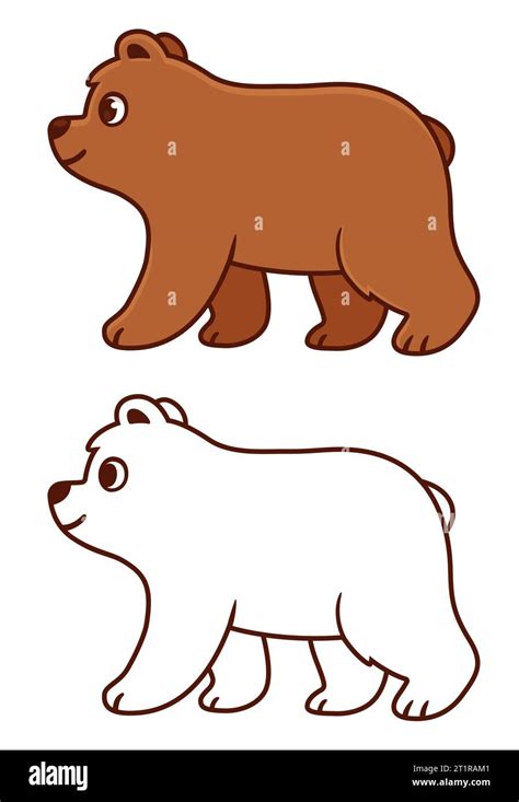 Cute cartoon baby bear drawing. Brown bear walking in profile view. Color drawing and black and ...