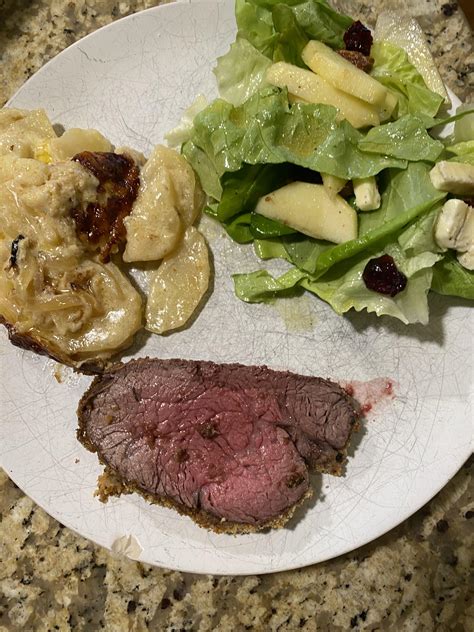 homemade beef tenderloin potato fennel gratin  salad rfood
