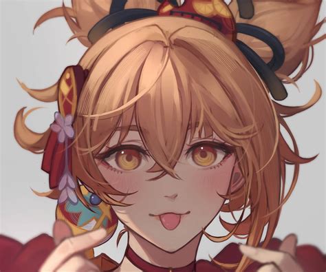 Download Yoimiya Sticking Tongue Out Wallpaper | Wallpapers.com