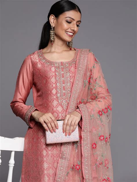 Buy Libas Women Peach Coloured Floral Kurta With Trousers & Dupatta ...