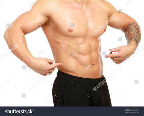 Muscular Young Man Showing Abs Isolated Stock Photo 127636091 ...