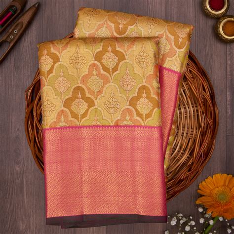 KUBERAN GOLD WITH PINK BORDER KANCHIVARAM SILK SAREE – Kuberan Silks