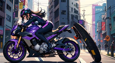 anime girl riding  purple motorcycle   city street seaart ai