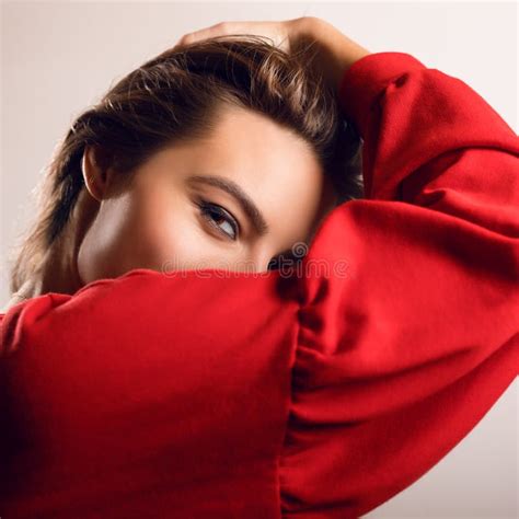 young sensual model woman  red pose  studio stock image image