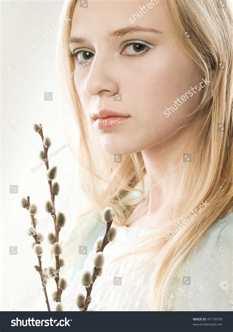 studio portrait beautiful girl pussy willow buds stock photo