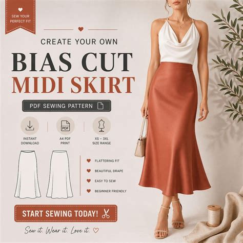 bias cut midi skirt sewing pattern  women skirt pattern xs xl