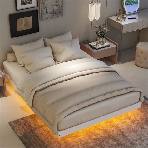 Solid Wood Low Profile Bed Frame with LED Lights Underneath, Floating ...