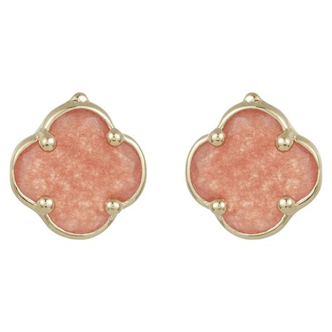 Orange Pink Quartz Clover Shaped Fashion Stud Earrings with 14k Yellow