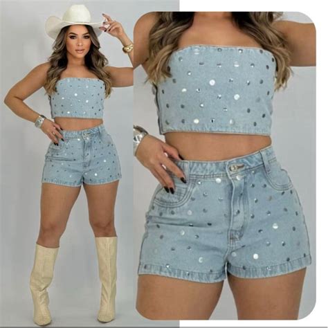 Conjunto Short Jeans E Cropped Para Festa - Conjunto All Jeans Feminino Cropped e Short Com Detalhes Metálicos ...