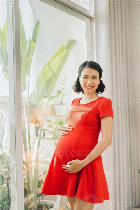 Portrait of young Asian pregnant woman standing behind the window