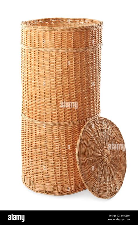 Wicker basket with lid on white background Stock Photo - Alamy