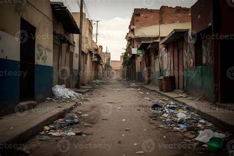 Ghetto city back alley with dirt rubbish and poor residental houses