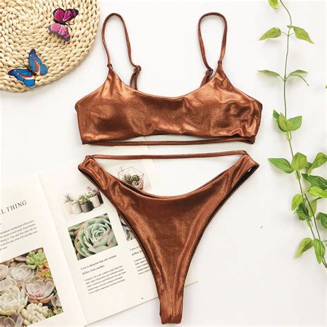 2022 Sexy Bright Shiny Brown Bathing Suit Split Triangle Bikini Black