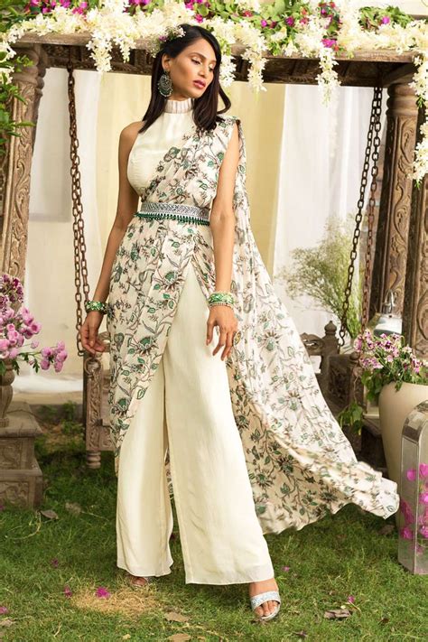 buy white crepe high neck printed pant saree  blouse  women