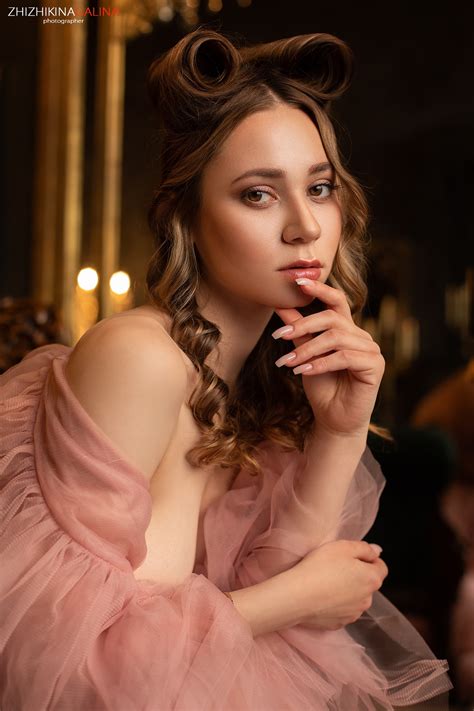 Galina Zhizhikina, women, Natalie Mels, curly hair, makeup, pink dress