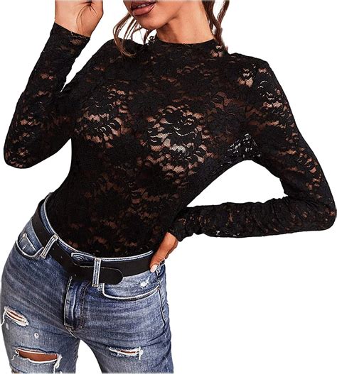 Donasty Tops Damen Sexy Tüll Mesh Tops Bluse Transparent Langarm Tunika