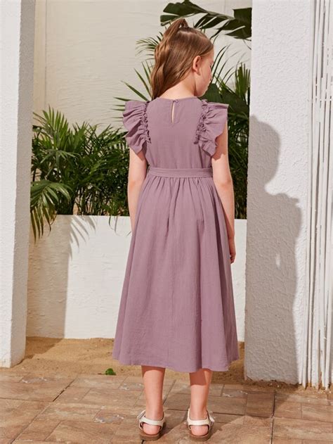 SHEIN Kids Nujoom Girls Scoop Neck Ruffle Trim Belted Dress | SHEIN USA