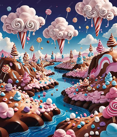 Premium Photo | A candy land scene with a river and lots of candy land