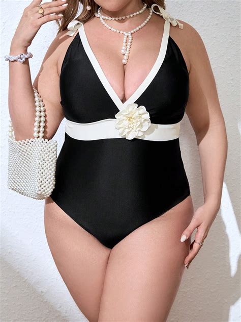 SHEIN Swim Chicsea Plus Size Color Block 3d Flower One Piece Swimsuit