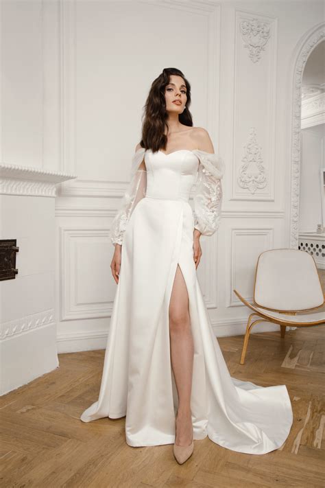 Off the shoulder satin wedding dress