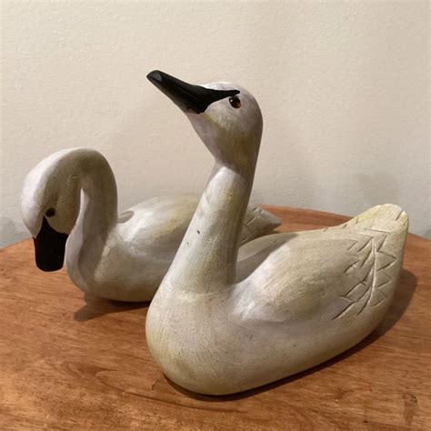 Vintage Primitive Folk Art Wood White Pair Hand-Carved Swan Decoy