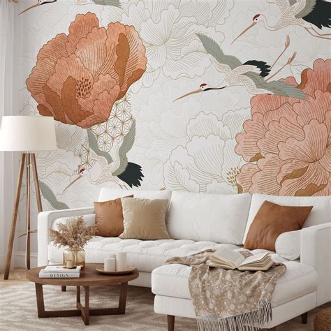 Japanese Crane Wallpaper | Removable Self Adhesive Floral Wallpaper
