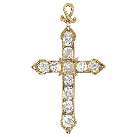 Vintage 18 Karat Yellow Gold and Silver Diamond Cross Pendant For Sale