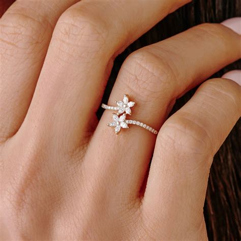 Marquise Diamond Flower Bypass Ring in 14k / 14k Gold Dainty - Etsy