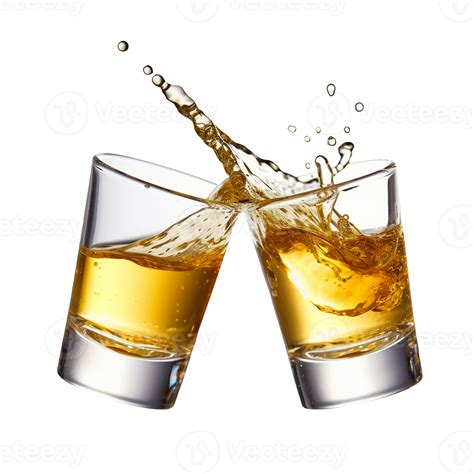 Glasses shot of tequila making toast with splash isolated on trasparent