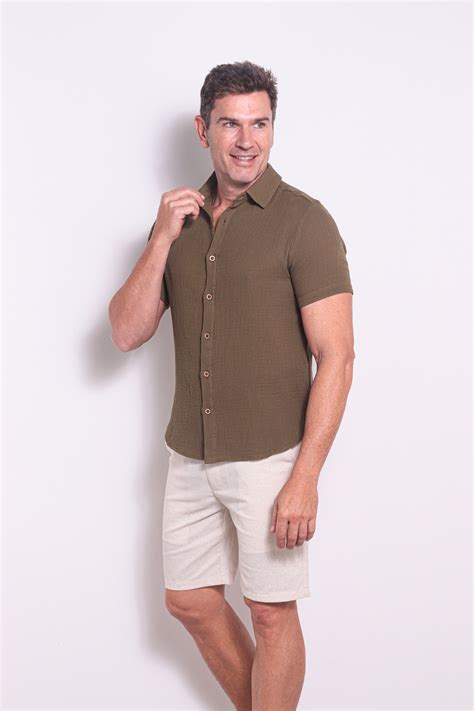 Camisa Verde Oliva Masculina - Camisa Masculina Verde Oliva Leve Texturizada Verão