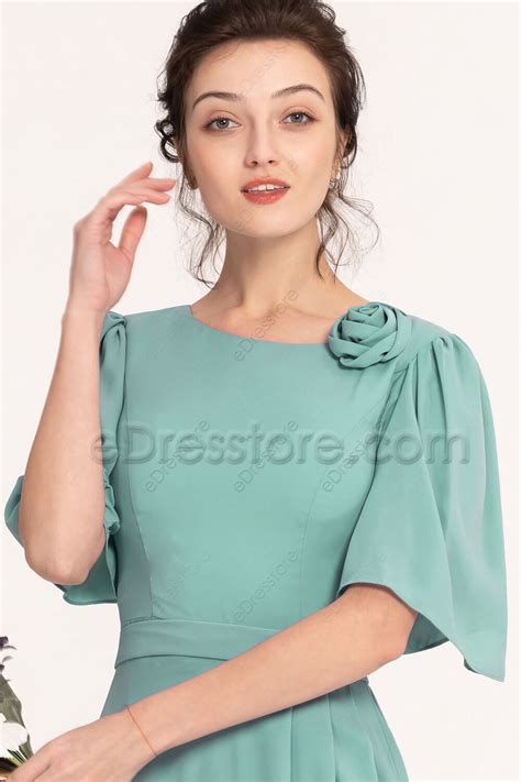 Modest Sea Glass Green Bridesmaid Dresses Flutter Sleeves | eDresstore