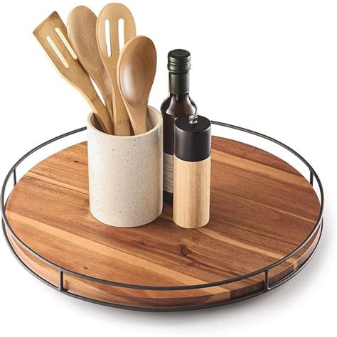 18" Acacia Wood Lazy Susan Turntable with Metal Frame - Large Brown