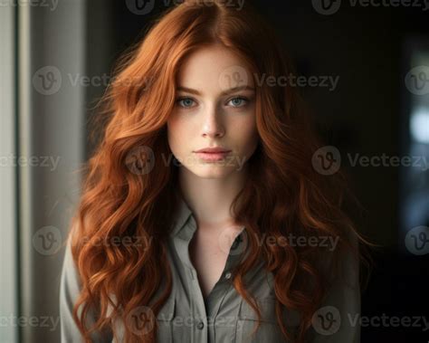 beautiful redhead woman with long hair and blue eyes looking at the