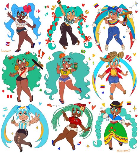 hatsune miku, brazilian miku, puerto rican miku, peruvian miku, and
