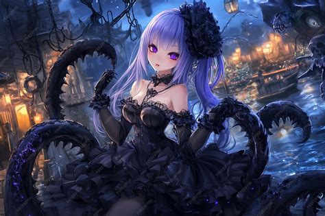 beautiful anime girl  purple hair   black dress surrounded