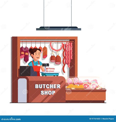 Butcher Shop Owner Woman at Checkout Counter Stock Vector