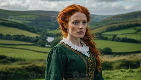 Young beautiful woman of Irish descent with fiery red hair wearing an