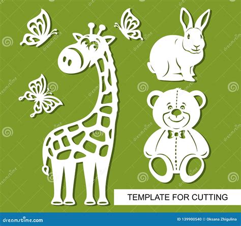 Silhouettes of Giraffe, Teddy Bear, Rabbit and Butterflies. Stock