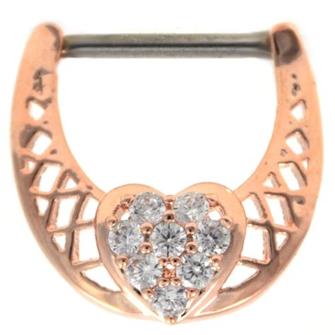 CZ Dazzled Heart Rose Gold Nipple Clicker 14g 1/2" | BodyDazz
