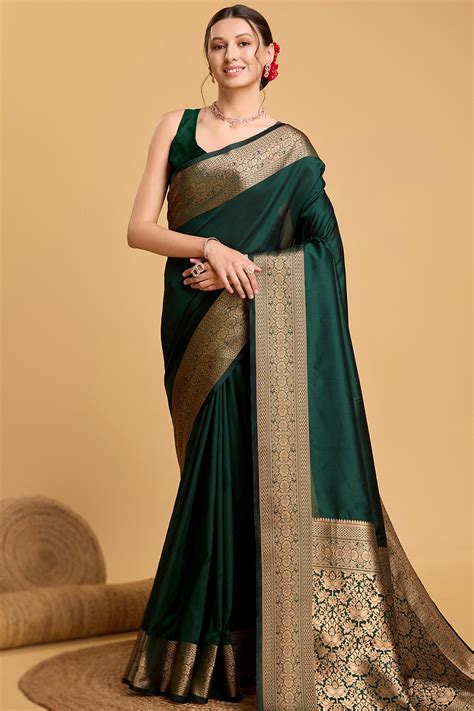 bottle green silk woven zari broad border saree sarv