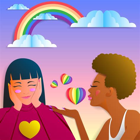 LGBTQ Pride Month. Cut colored paper, heart and woman couples blow a