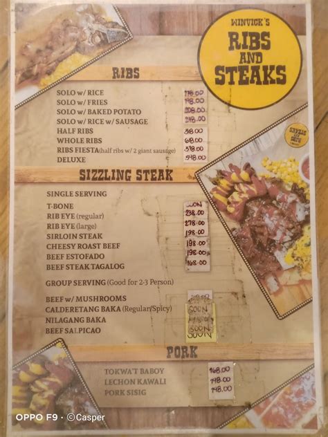 Menu at Winvick's Ribs and Steaks restaurant, Silang