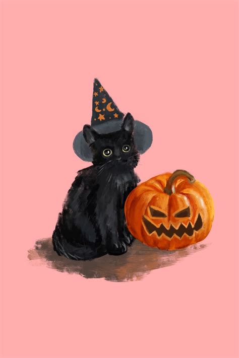 Cute Vintage Black Cat Witch Jack-o-Lantern Wallpaper | Vintage ...