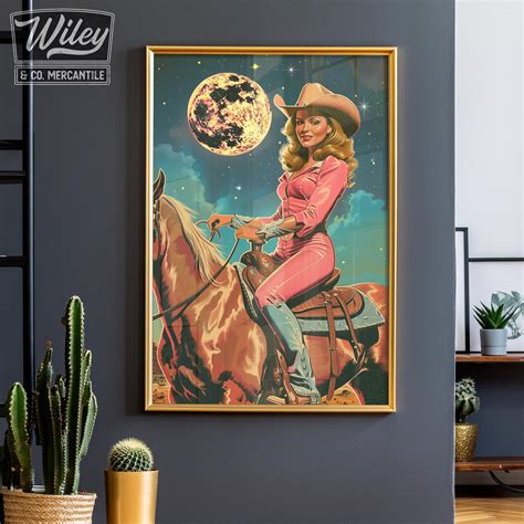 Retro Cowgirl Riding Horse Art Print, Pink Cosmic Space Cowgirl Wall