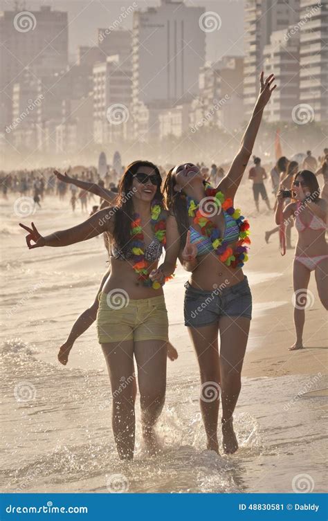 Two Happy Young Women Enjoy Carnival in Ipanema Beach Editorial Photo ...