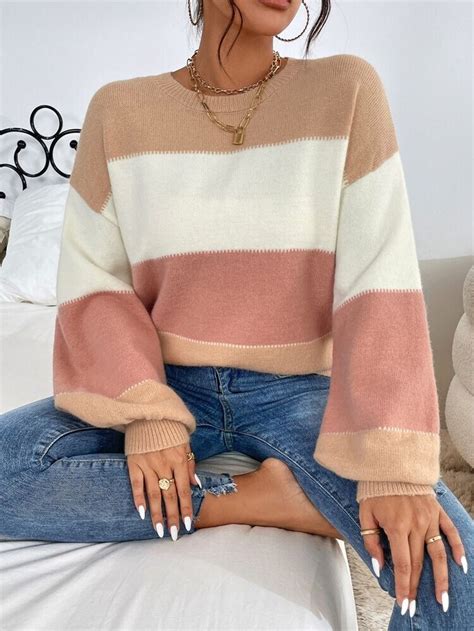 SHEIN Color Block Lantern Sleeve Sweater | Drop shoulder sweaters ...