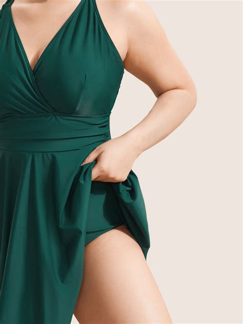Solid Ruffle Hem Empire Waist Halter Neck Swim Dress – BloomChic